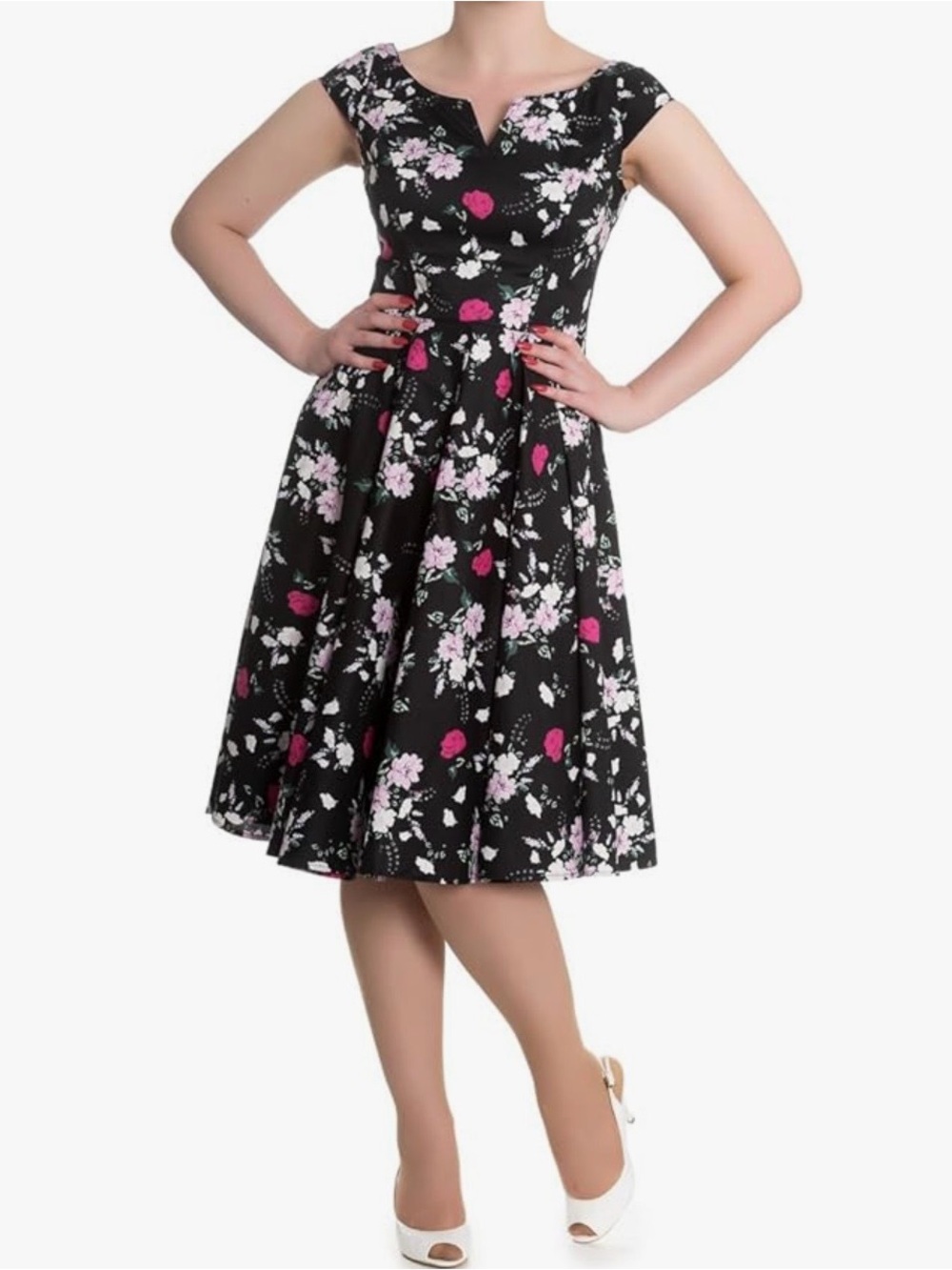 Hell Bunny Black Knee-Length Dress with Pink and White Floral Print Sz S